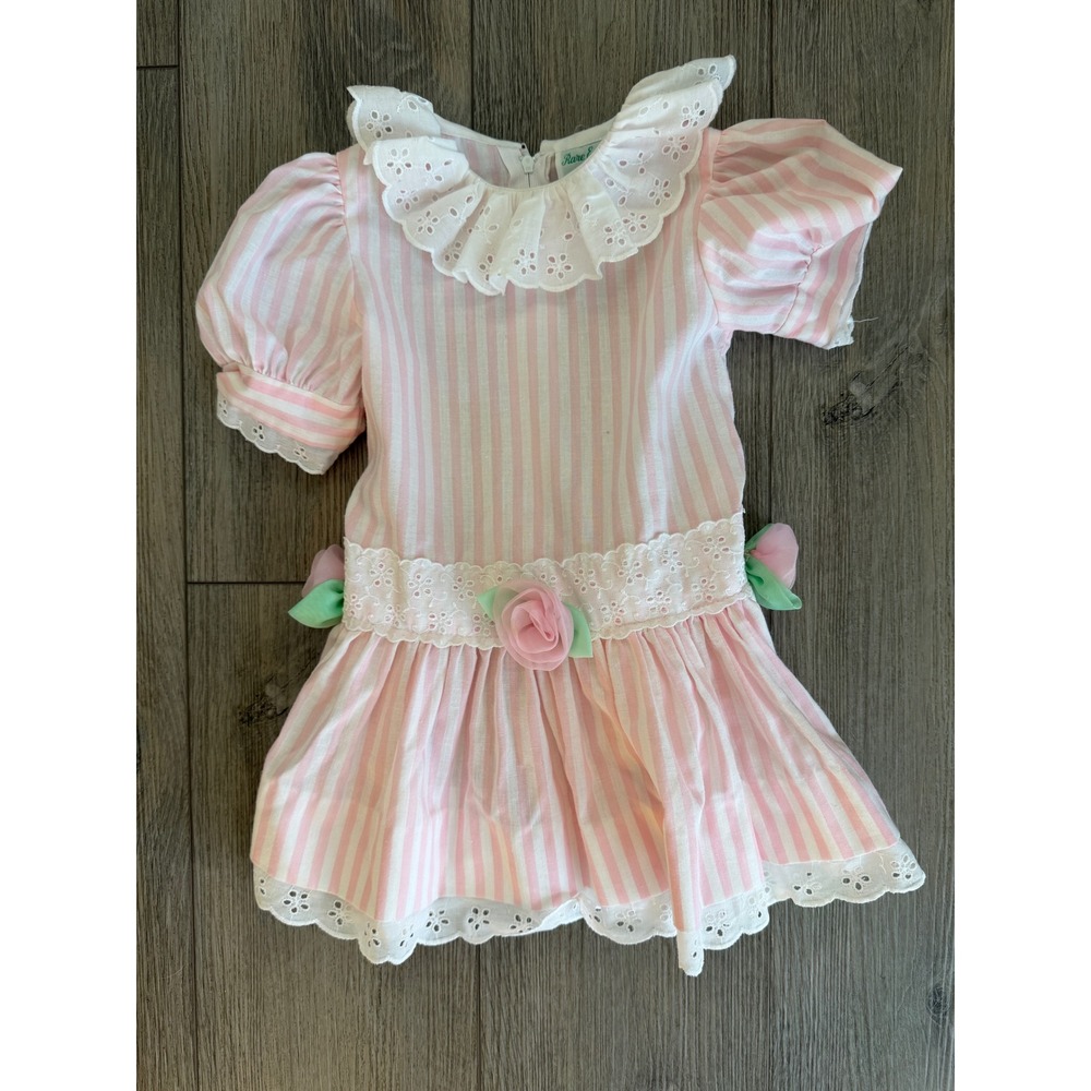 Rare Editions Girls Pink White Striped Eyelet Lace Rose Dress Vintage